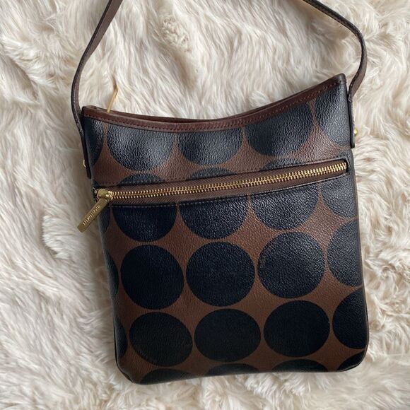Brahmin Crossbody Bag Brown Black Barcelona Polka Dot Pattern - Picture 3 of 9